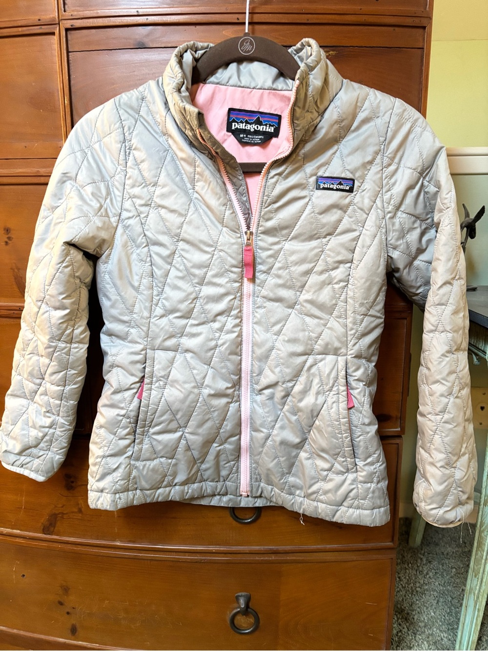 Patagonia Cream Quilted Jacket with Pink Trim for Kids